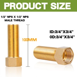 FullMayPro Brass Pipe Fitting，1/2-Inch Female to 1/2-Inch Male Pipe Nipple Extension Connector Fitting,Female Adapter Set，Hex Bushing Adapter Converter Adapter,Length 3.94Inch/100MM(2PCS)