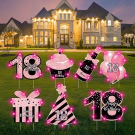 ComboJoy 18th Birthday Decorations for Girls - 7 Pcs Pink 18th Birthday Yard Signs with Stakes, 2 Pcs LED Lights, Sparkling at Night, Weatherproof, Perfect Outdoor Lawn Happy 18th Decorations