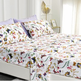 American Home Collection 4 Piece Print Bedding Sheets & Pillowcases Set Brushed Microfiber Wrinkle Free 14 Inches Deep Pocket Floral Patterned Sheets (Twin, Purple Butterfly)