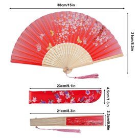 Jmkcoz Handheld Folding Fans Floral Hand Held Fans Silk Bamboo Fans with Tassel Chinese Japanese Hand Foldable Fan with Fabric Sleeve for Dancing Wedding Party Props Decoration (2, Black & Red)