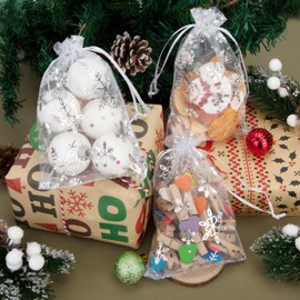 Yesaler Organza Bags Snowflake Christmas Organza Bags with Drawstring for Gift Decoration Pack of 100 (White, 10 x 15 cm)