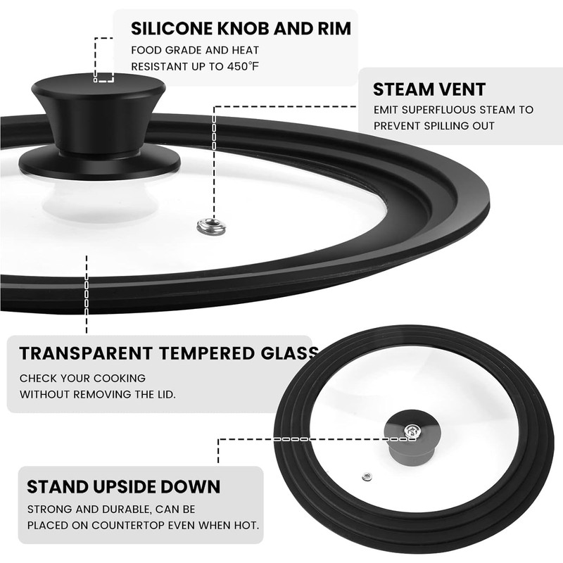 Universal Lid for Pots, Pans and Skillets, Tempered Glass Lid