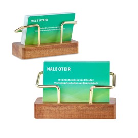 HALE OTEIR Business Card Holder Made of Acacia Wood - Pack of 2 Business Card Holder, Elegant Business Card Stand for Desk, Business Cards, Shop or Exhibition Stand in Wood & Gold Look