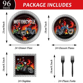 96pcs Motorcycle Party Decorations Motorcycle Paper Plates Napkins Birthday Party Disposable Tableware Set Motocross Biker Party Supplies Motorcycle Theme Party Baby Shower Decorations Favors Serve 24
