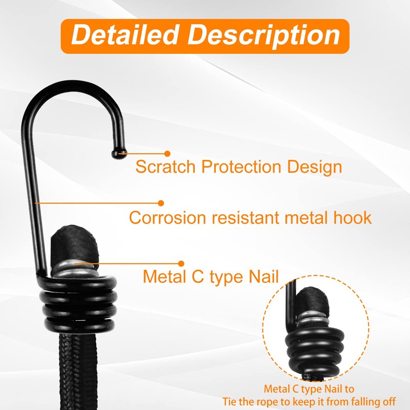 3/8 inch Plastic-Coated Bungee Shock Cord Hook, 30 PCs Plastic