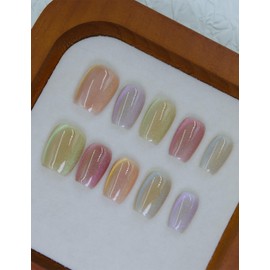 Duotaoii Short Press on Nails Colorful Fake Nails Handmade False Nails Candy Glitter Powder Nail Charms Designs,Acrylic Nail Kit Glue on Gel Nails,Square Reusable Stick on Nails for Women 10pcs S