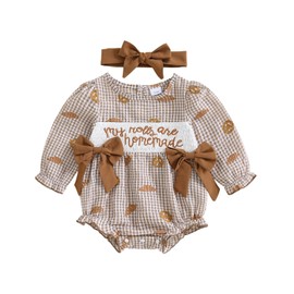 Xnqiwq Baby Girl Thanksgiving Outfit My Rolls are Homemade Onesie Bread Smocked Bubble Romper Fall Plaid Bodysuit Headband (Khaki-B, 12-18 Months)