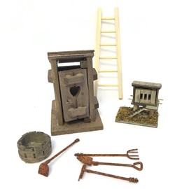 Miniature Garden Farm Accessory Set - DIY Kit for Fairy Garden Includes Wood Ladder, Outhouse, Chicken Coop, Wash Tub and 4 Piece Rusty Garden Tool Set