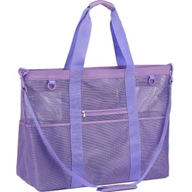 Fammart Extra Large Mesh Beach Bag for Family, Pool Travel Tote Bag with Zipper Closure, 10 Pockets, Sandproof Bottom