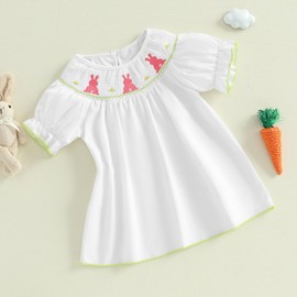 AHUGHAUE Toddler Girl Easter Smocked Dress Puff Short Sleeve Bunny Embroidery Dresses Cute Summer Smocked Outfit (White, 3-6 Months)