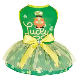 cyeollo St. Patrick's Day Dog Dress Skirt Lucky Shamrock Dog Tulle Dresses with Bowtie for Small Dogs Puppy, Green S