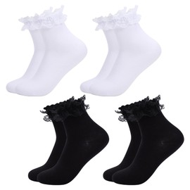 Fjquamitix 4 Pairs Frilly Socks for Women Girls, Lace Ruffle Socks Cute Ballet Ankle Sock (UK, Alpha, One Size, Regular, Regular, 2 Pairs Black+2 Pairs White)