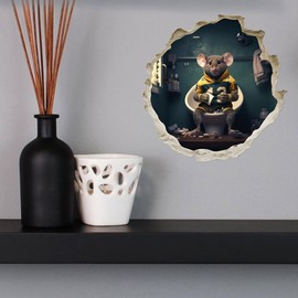 Football Mouse On Toilet in Mouse Hole - 3D Wall Sticker Decal, Cartoon Home Decor Vinyl Art, Bookcase, Laptop, Classroom, Kids Room, Bedroom, Children, Adorable