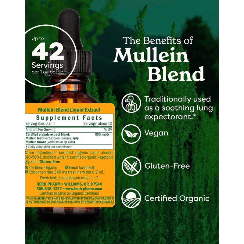 Herb Pharm Certified Organic Mullein Blend Liquid Extract for Respiratory