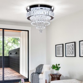 Finktonglan 11.8" Crystal Chandeliers, Morden Crystal Ceiling Light LED Small Chandeliers Semi Flush Mount Chandelier Room Light for Bedrooms Living Room Hallway (6500K White Light)