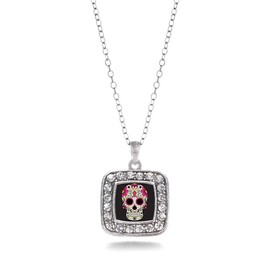 Inspired Silver - Sugar Skull - Silver Necklace for Women - Square Pendant Chain Necklace Jewelry Gift with Cubic Zirconia - Women's Necklace Charm with Lobster Claw Clasp