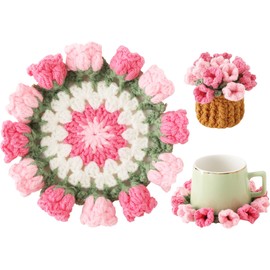 Vane Oak Flower Crochet Coasters, Handmade Bouquet Blanket Coaster with Crochet Plant Pot Fun Soft Decorative Drink Coasters for Coffee Tabletop Protection and Home Decor (Pink, 1Pc)
