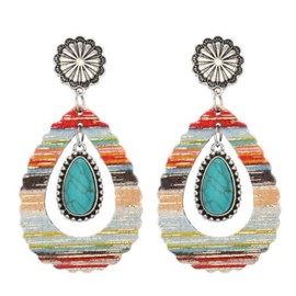 Boho Western Vintage Colorful Leather Earrings with Gemstone Flower Design, Fashion Accessories for Women unique red