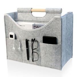 RSHVSMS Felt Newspaper Basket, Modern Newspaper and Magazine Shelves, Large Wooden Handle, Portable Filing Shelf, Used for Home and Office Storage (Light Grey)