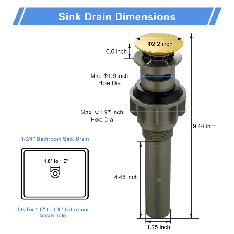 Pop Up Drain with Overflow, ARCORA Brushed Gold Bathroom Sink
