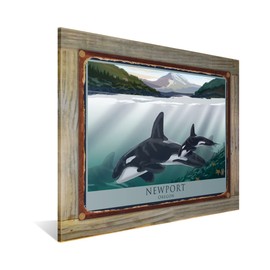 Northwest Art Mall Newport Oregon Orca Pod Puget Sound Rustic Metal Print on Reclaimed Barn Wood from Illustration by Artist Mike Rangner 8.5" x 11.5"