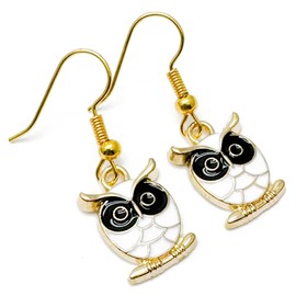 White Owl Earrings, Super Cute Enamel Charms on Nickel Free Gold Tone Hooks : 34mm, Gift for Women, Bird Lover Charm Earrings, Owl Drop Earrings