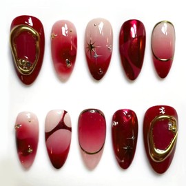 30Pcs French Almond False Nails Medium, Dark Red Elegant Press on Nails in 12 Sizes, 3D Rhinestones Handmade Artificial Stick on Nails, Acrylic Full Cover Removable Fake Nails for Women and Girls