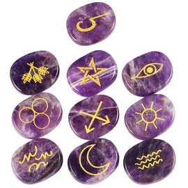 mookaitedecor Amethyst Witches Runes Set,Healing Crystal Palm Stone Engraved Gypsy Symbol for Meditation Divination