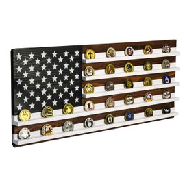 Handmade Large Challenge Coin Display Frame 28” x 12”, Coin Holder Wooden American Flag Wall Mount Décor, Military Rack Casino Poker Chip Storage Medal Organizer Case for Police, Veteran, Patriotic
