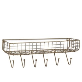 Abbott Collection Wall Basket Shelf with 6 Hooks - Metal, Dark Antique Brass (16"W)