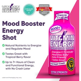Mood Support Vitamin Energy Drink - Sugar Free, Keto/Vegan Friendly Shots | Mood Balancing with Rhodiola and Chamomile | Energize up to 7+ Hours | Tropical Berry - 1.93 Fl Oz - Pack of 48