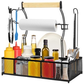 sunmeg Grill Caddy for Camping Outdoor BBQ Organizer with 2 Paper Towel Holders, Picnic Condiment Utensil Caddy with 8 Compartments Storage Tool Gift for RV Camper/Tailgate Essentials/Flatware Must