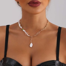 Andelaisi Boho Pearl Y Necklace Vintage Baroque Pearl Necklace Choker Gold Paperclip Necklace Chain Necklace Irregular Pearl Pendant Necklace Jewelry for Women