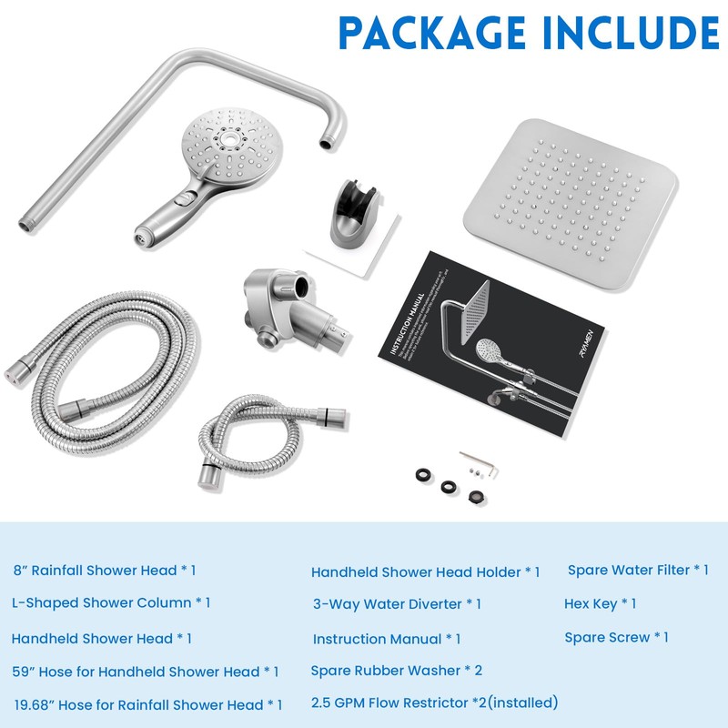 Ryamen 8" Dual Shower Head Combo, High Pressure Rainfall Shower