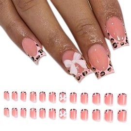 Qioon 24 PCS Leopard French Press On Nails, Short Square Nude Pink Fake Nails with Glossy Bow Designs, Full Cover Stick On False Fingernails for Women and Girls, Cute Manicure Decorations