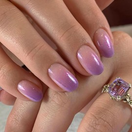 MISUD Press on Nails Short Round Fake Nails Glossy Glue on Nails Purple Ombre Acrylic Nails Oval Artificial Nails Bling Glitter Stick on False Nails with Design 24 pcs