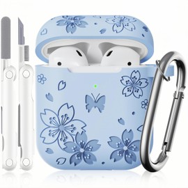 DXITROMI Compatible with Airpod Case - Butterfly Flowers Engraved Design for Airpods Case 2nd/1st Generation - Silicone Case for Airpods 2nd Generation Case with Cleaner Kit & Keychain (Blue)