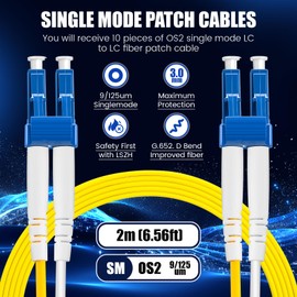 Threlaco 10 Pack Single Mode Fiber Lc to Lc, 2M/6.56 ft OS2 Lc to Lc Single Mode Fiber Patch Cable Duplex, Singlemode Fiber Optic Cable Lc to Lc, Lszh Fiber Jumper Cord, Yellow SMF 2 Meter