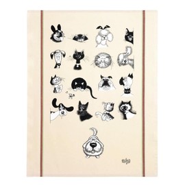 Torchons & Bouchons, Dubout, Multi-Cat & Dog Portraits French Kitchen/Tea Towel, Ecru