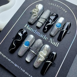100% 5D Handmade Press on Nails with Snake Charms Medium Coffin Nails Press ons Balck Silver False Nails Cruve Line Press on Nails Fall Fake Nails for Women Girls Daily Wear DIY Manicure Size L