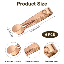 BOXOB 6pcs Mini Sugar Cube Tongs, 4in Small Serving Tongs with Rose Pattern Tiny Stainless Steel Sweet Grabber Tool for Ice Appetizers Charcuterie Boards Dessert Coffee Bar (Rose Gold)