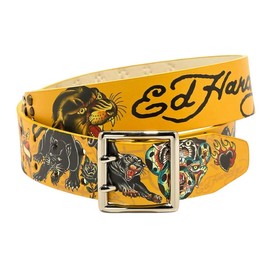 ED HARDY Men's 38mm Panther & Snake Print Studded Dual Prong Buckle Belt (Yellow, 34)