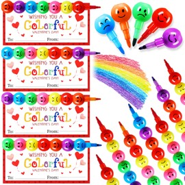 Noveread 24 Valentines Cards and Stacking Crayons 24 Pcs 7 Colors Cartoon Face Buildable Crayons 24 Pcs Valentines Greeting Cards for Prizes Goodie Bag Fillers Party Supplies