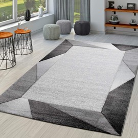 Modern Area Rug Bordered with Geometric Pattern Grey Anthracite with Contour Cut, Size: 5'3" x 7'7"