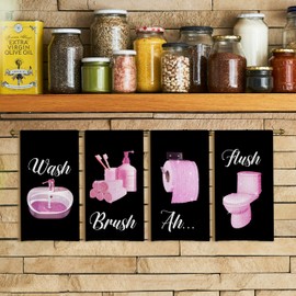 Qpenm Pink and Black Bathroom Decor, Black and Pink Hand Towels for Bathroom Spa Bath Gym Decor Accessories Set of 4, Girly Bathroom Decor, 16x24 Inch