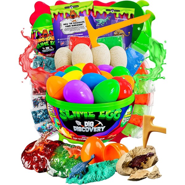 Original Stationery Dinosaur Slime Egg Dig Discovery, Dinosaur Toys Slime Kit with 6 Premade Slime for Boys, Add-Ins, and 4 Dino Toy Eggs to Excavate