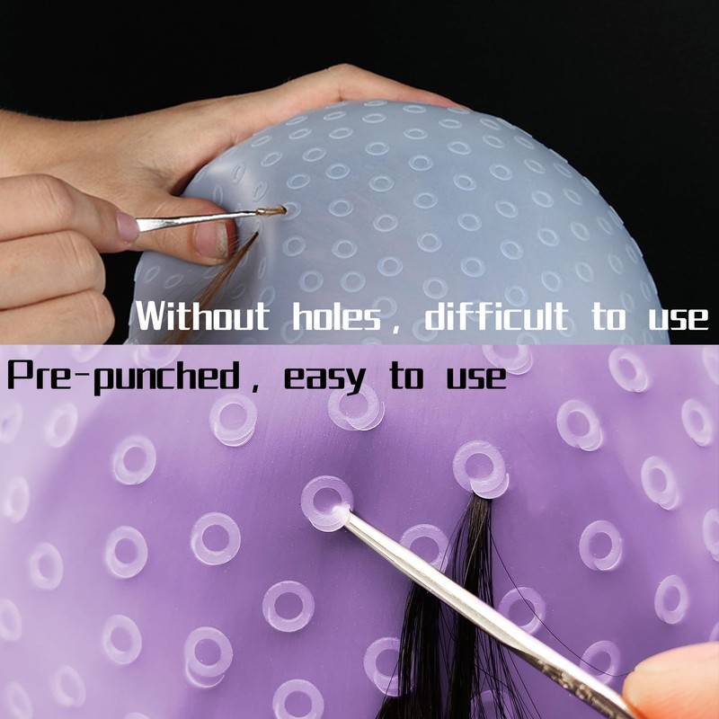 Punched Hole Silicone Highlight Hair Cap with Needle and Hair
