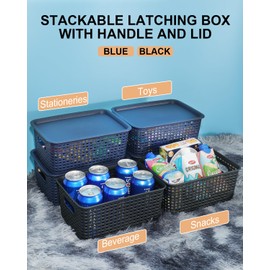 Plastic Storage Baskets Bins With Lids,6 Pack Organizing Container Knit Translucent Storage Basket with Fine Glitter,Storage Organizer Bins for Shelves Drawers Desktop Closet Classroom Office,Blue