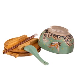 Hinomaru Collection Japanese Kamameshi Style Rice Noodle Bowl with Bamboo Lid Trivet Chopsticks and Porcelain Spoon Bowl Set (Japanese Crane)