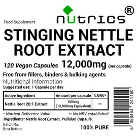 Nutrics® 12,000mg (per Capsule) STINGING Nettle Root Extract 120 V Capsules - 100% Pure Urtica Dioica - No fillers Binders or Bulking Agents (120 V Capsules (4 Months Supply)) (120)